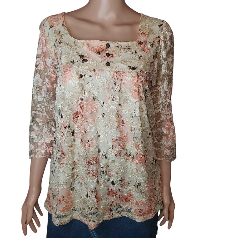 Vintage Nicola Lace Floral Blouse L Sheer Cottage Romantic Top Cream Peach USA